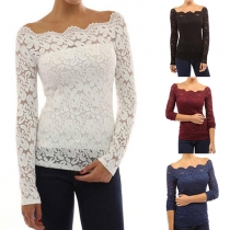 Sexig långärmad spetsskarvad topp med off-shoulder design