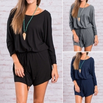 Fashion Solid Color Scoop Neckline Long Sleeves Drawstring Romper