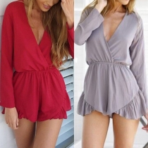 Fashion Deep V-Neck Long Sleeves Surplice-Front Romper