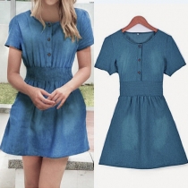 Fashion Scoop Neckline Short Sleeves Elastic-Waist A Line Denim Dress
