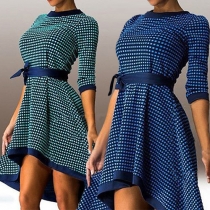 Retro Style Round Neckline High-Low Hem Wrap-Front Polka Dot Dress