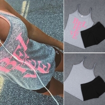 Sport Style Letters Printed Sling Tops and Solid Color Shorts Two-piece Set