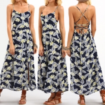 Sexy Floral Printed Backless Sleeveless Slit Hem Sling Maxi Dress