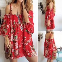 Sweet Printed Cold Shoulder Backless Chiffon Sling Dress