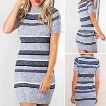 Fashion Round Neck Knit Short Sleeves Striped Dress