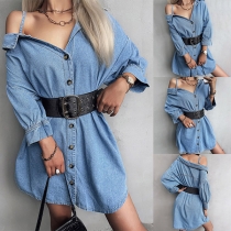 Sweet Off Shoulder 3/4 Sleeves Front Button Denim Cami Dress