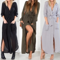Fashion Loose Long Sleeves V Neckline Side Slits Dress