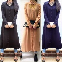 Fashion Solid Color Lapel Long Sleeve Single-breasted Slit Hem Blouse Dress