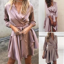 Sexy Solid Color V-neck Long Sleeve Irregular Hemline Gathered Waist Dress