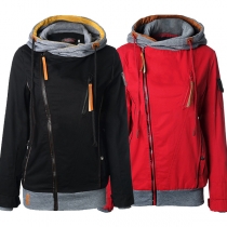 Fashion Oblique Zipper Long Sleeve Hooded 2-side Pockets Coat For Women