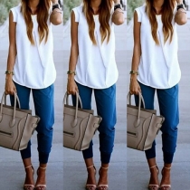 Casual Solid Color Round Neck Sleeveless Crinkle Chiffon Tops