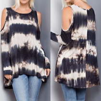 Fashion Printed Cold Shoulder Round Neck Long Sleeve Dress