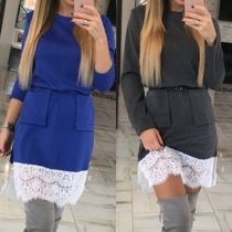 Fashion Lace Spliced 2 Side Pockets Round Neck Long Sleeve Dress