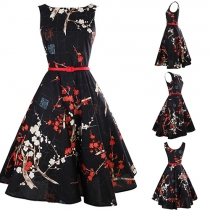 Retro Style Plum Flower Printed Round Neck Sleeveless Swing Dress