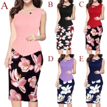 Elegant Floral Printed Round Neck Sleeveless Peplum Dress