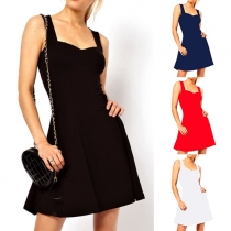 Sexy Solid Color Low-cut Sleeveless Gathered Waist Sling Dress