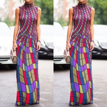 Retro Style Striped Printed Mock Neck Sleeveless Slim Fit Maxi Dress