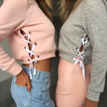 Sexy Round Neck Long Sleeve Side Lace-up Women's Crop Sweatshirt