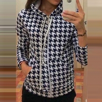 Stylish Front Zipper Houndstooth Printed Bracelet Sleeve Hooded Women's Sweatshirt