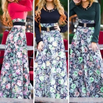 Elegant Floral Printed Round Neck Long Sleeve Gathered Waist Maxi Dress
