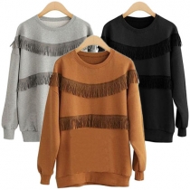 Fashion Solid Color Round Neck Long Sleeve Tassel Sweatshirt For Women