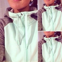 Casual Style Contrast Color Front Zipper Long Sleeve Hooded Women's Sweatshirt
