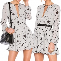 Sexy Stars Printed Deep V-neck Long Sleeve Gathered Waist Chiffon Dress