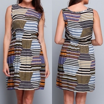 Trendy Printed Round Neck Sleeveless Elastic Waist Dress