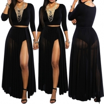 Sexy Solid Color Gauze Spliced Round Neck 3/4 Sleeve High-slit Hem Maxi Dress