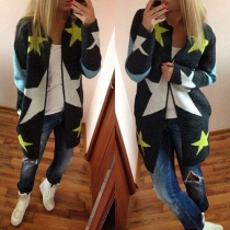Mode Pentagram tryckt rundhalsad långärmad stickad cardigan för kvinnor