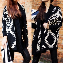 Trendy Rhombus Printed Long Sleeve Loose-fitting Knit Sweater Cardigan