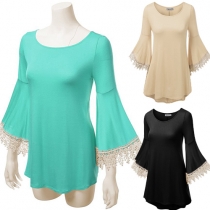 Stylish Lace Spliced Round Neck Bell Sleeve Knit Dress