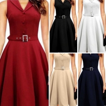 Elegant Solid Color Single-breasted Lapel Sleeveless Gathered Waist Dress