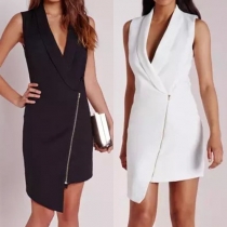 Fashion Solid Color Lapel Sleeveless Oblique Zipper Irregular Hemline Dress