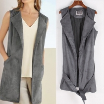 Fashion Solid Color 2 Side Pockets Lapel Sleeveless Vest with Waist Strap