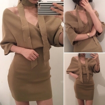 Sexy Solid Color V-neck Off Shoulder Half Sleeve Dress