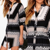 Casual Floral Printed Color V-neck Shirt Dress