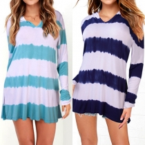 Loose-fitting Hooded Long Sleeve Stripe Hoodie Shirt