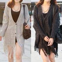 Casual Pure Color V- neck Bat Sleeve Fringed Cardigan