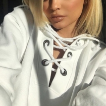 Fashion Contrast Color Front Lace-up Long Sleeve Hooded Crop Sweatshirt