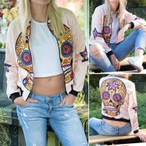 Fashion Skull Printed Front Zipper Long Sleeve Crop Coat