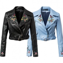 Cool Style Oblique Zipper Embroidery Lapel Long Sleeve PU Jacket For Women