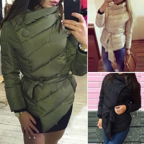 Fashion Solid Color Turtleneck Long Sleeve Irregular Hemline Padded Coat with Waist Strap