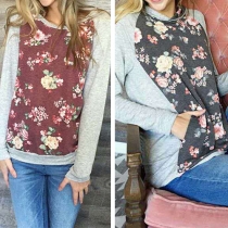 Sweet Style Floral Printed Round Neck Long Sleeve Hooded Sweatshirt