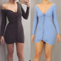 Fashion Sexy Solid Color Bandage Off-shoulder V-neck Long Sleeve Sheath Dress 