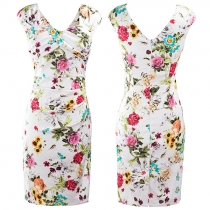 Fashion Elegant Floral Printed Sleeveless V-neck Pencil Dress 