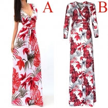 Fashion Sexy Floral Printed Deep V-neck Short Sleeve Maxi Dress