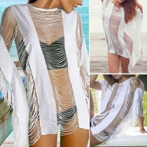 Sexy Hollow Out Irregular Hem See-through Tassel Smock