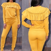 Fashion Solid Color Ruffle Sweatshirt + Pants Sports Suit
