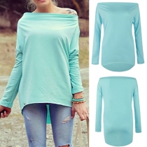 Sexy Off-shoulder Long Sleeve High-low Hem Solid Color T-shirt
